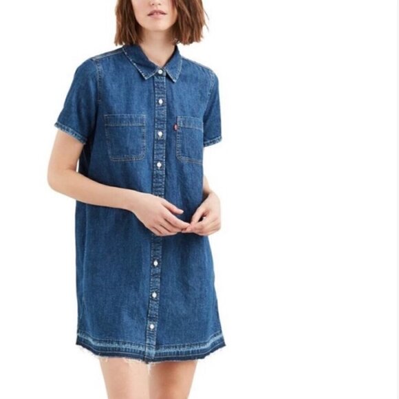 NEW Levi’s Medium Wash Raw Hem Button Up Dress Blue Large - Picture 1 of 4